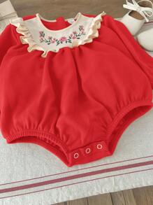 SHEIN LMoss Kids LMoss Newborn Baby Girl Autumn/Winter Cute Knitted Colorblock Embroidered Pumpkin Decor Ruffle Crotch Open Bodysuit - Red - View 6