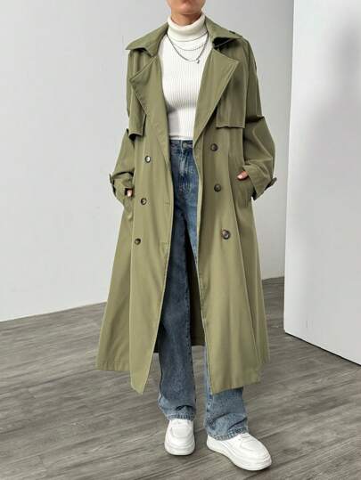 SHEIN EZwear 1pc Women's New Casual Double Breasted Lapel Trench Coat, Autumn