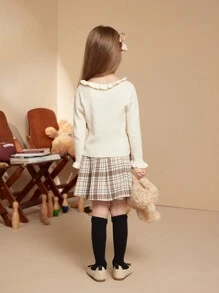 SHEIN 女童纯色荷叶边长袖休闲针织衫，秋冬季 - 白色 - 查看 2