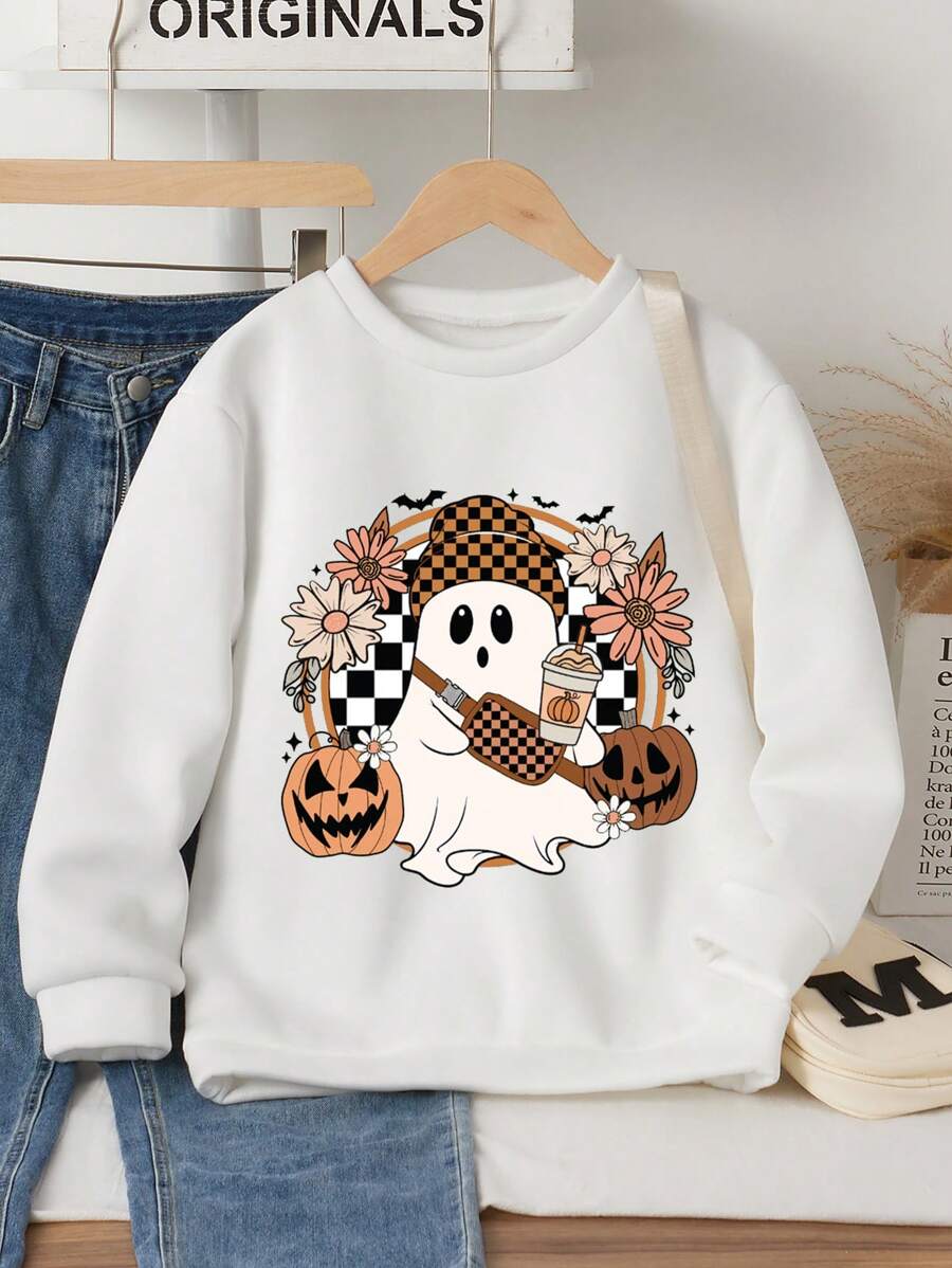 sweat-shirt en molleton avec impression de dessin animé et floral, style casual pour préadolescentes. Automne / Hiver - Blanc - Voir 1