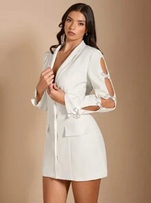 SHEIN BAE Vestido largo de manga larga, ajustado, con cuello en V profundo, de color blanco sólido, elegante y minimalista, con decoración de lazo de strass en las mangas. Adecuado para fiestas de cóctel, citas románticas, capas de otoño/invierno, reuniones, fiestas, salidas nocturnas, Halloween, Navidad