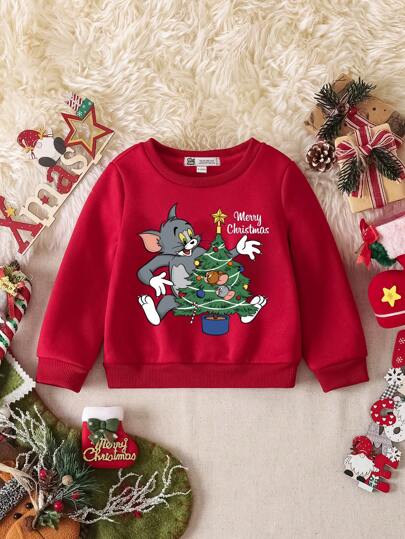 TOM & JERRY X SHEIN Baby Girl Christmas Cartoon och bokstaven grafisk röd tröja, julklappar