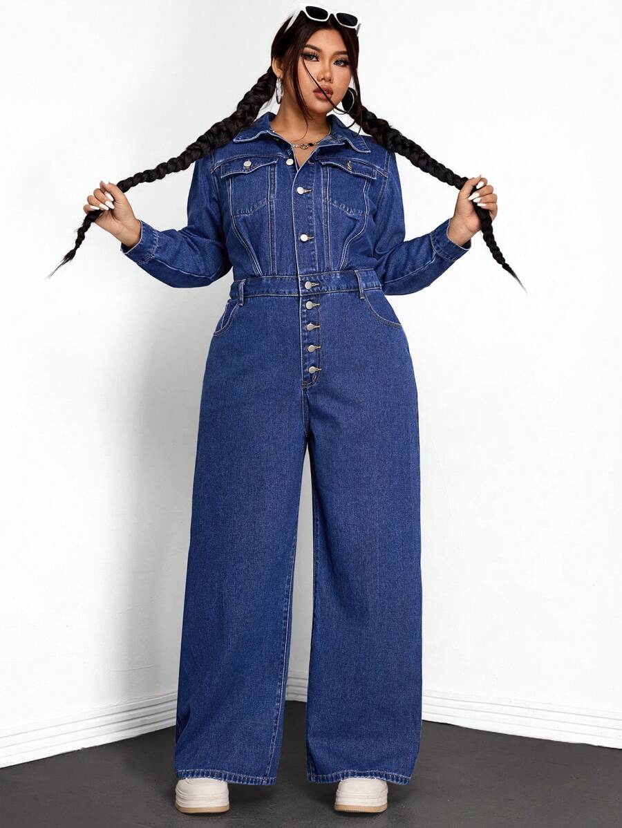 SHEIN EZwear Plus Size Plain Front Button Pocket Casual Long Sleeve Denim Jumpsuit - Blue - View 1