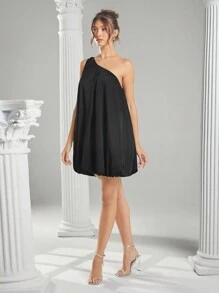 L'Amorae One Shoulder Shirring Bubble Mini Dress