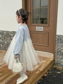 SHEIN 年轻女孩圆领蝴蝶印花网眼撞色长袖连衣裙 - 墨綠色 - 查看 2