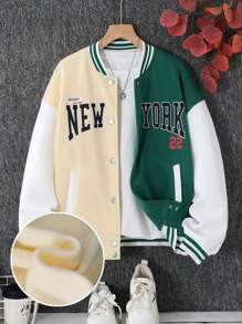 SHEIN Leap Crew Teen Girls' Colorblock Letter Print Thermal Lined Warm Baseball Jacket For Autumn & Winter - Multicolor - View 1