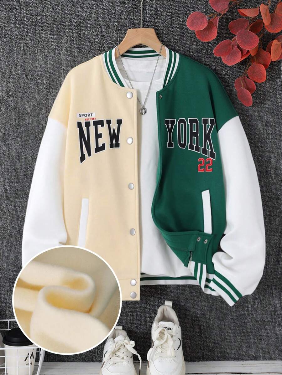 SHEIN Leap Crew Teen Girls' Colorblock Letter Print Thermal Lined Warm Baseball Jacket For Autumn & Winter - Multicolor - View 1