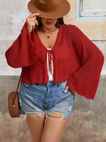 SHEIN VCAY Plus Size Women Front Tie Solid Color Drop Shoulder Long Sleeve Cropped Cardigan, Autumn - Red - View 8
