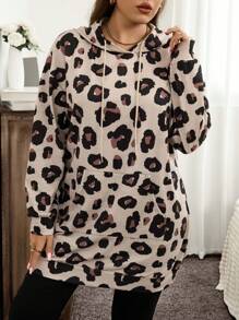 SHEIN LUNE Plus Size Fall/Winter Clothes Leopard Print Pocket Hoodie Holiday Outfit