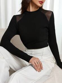 Modelyn 优雅休闲透视网眼拼接修身 T 恤，秋季 - 黑色 - 查看 6