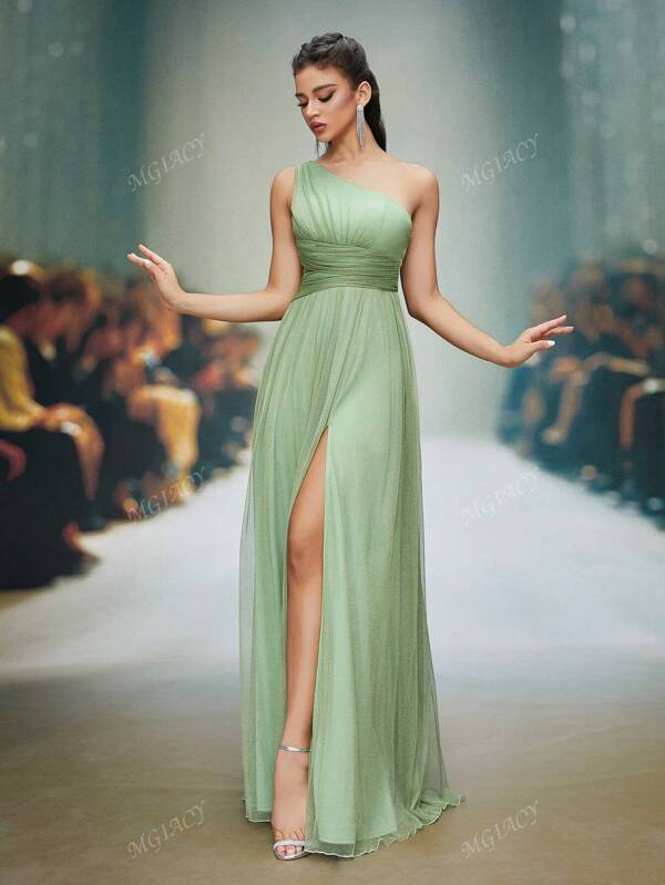 1pc Asymmetric Shoulder, Chest Ruched A-Line Mesh Long Dress, Bridesmaid Dress