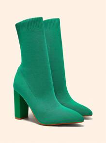 CUCCOO BASICS Pointed Toe Chunky Heel Elastic Slip-On Knitted Slim Fit Women Boots For And Spring Shoes Spring Break Easter - Green - View 2