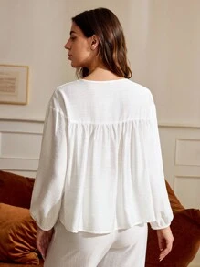 Oxana Designer Women's White Tie-Strap Gathered Loose Sleep Top Homewear, For Holiday, Vacation, Spring & Summer, Going Out, Ibiza Fits - White - View 2