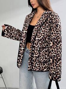 SHEIN EZwear Abrigo acolchado de mujer con estampado de leopardo y doble bolsillo, de moda - Multicolor - Ver 4