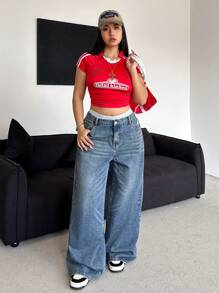 Dripcurv Quần jeans denim xanh cổ điển giặt sạch cỡ lớn dành cho nữ, quần jeans ống rộng rộng rãi, trang phục năm mới - Màu xanh lam - Xem 6