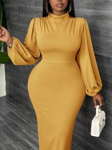 Slaydiva Vestido elegante de manga larga farol azul de hombros rectos en talla grande, adecuado para verano y otoño