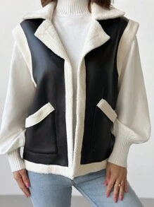 Firerie Elegant & Fashionable Versatile Black Warm Sherpa Fleece Sleeveless PU Vest, Autumn/Winter,Fall And Winter,Casual,Black And White,PU, - Black - View 2