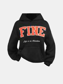 SHEIN Girlism Conjunto informal de 2 piezas para adolescentes: sudadera con capucha con bloque de color y estampado de letras + pantalones holgados de camuflaje, estilo callejero, de vuelta al colegio