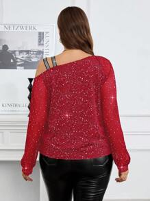 SHEIN Clasi Women Plus Size Autumn Elegant Glitter Asymmetric Neckline T-Shirt - Red - View 2