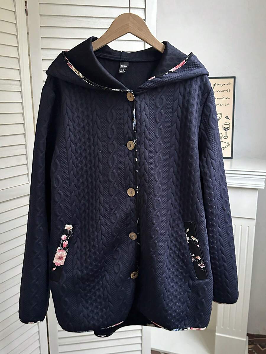 SHEIN LUNE Áo khoác cardigan trùm đầu họa tiết viền màu tương phản dài thường ngày có túi đệm - Màu xanh hải quân - Xem 1
