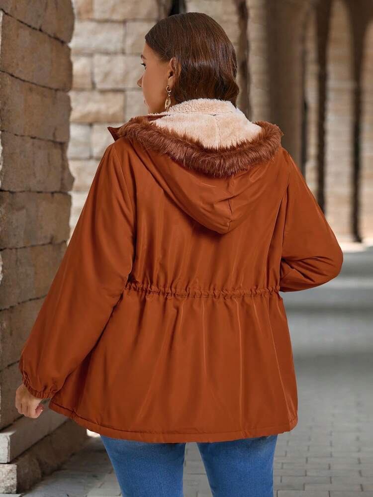 Plus Size Front Zipper Long Sleeve Pocket Minimalist Hooded Casual Winter Coat, Autumn&Winter Women Clothes