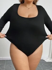 SHEIN CURVE+ Plus Size Plain Crew Neck Tight Fitting Sexy Long Sleeve Bodysuit