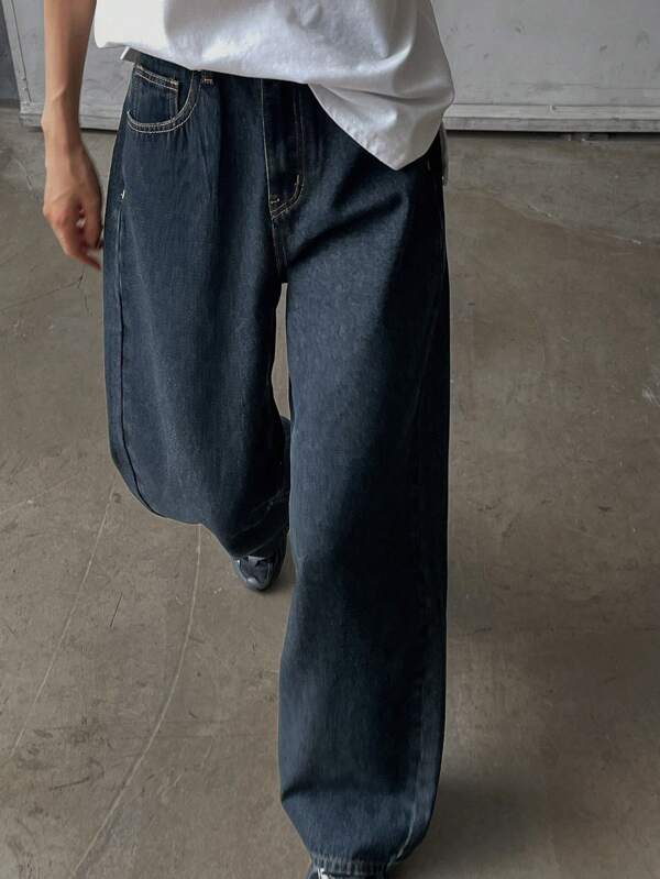 DAZY Women's Solid Color Loose Wide Leg Long Denim Jeans