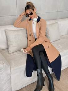 SHEIN Privé Áo khoác trench coat hai hàng khuy phối màu cổ điển, mùa thu - Màu nâu Sô-cô-la - Xem 3