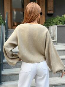 EURMUSE Casual Crew Neck Melange Yarn Drop Shoulder Sweater - Beige - View 6