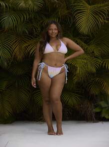 Aralina Plus Size Curve Double Side Tie Ombre Print With Gold Shell Charms Cheeky Fit Bikini Bottom Summer - Multicolor - View 2