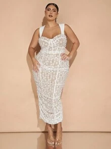 SHEIN BAE 大码女装秋季服装：白色网眼紧身胸衣上衣，带褶皱透视细节，裸色紧身连衣裙，适合单身女士，中长款/派对/返校节 - 白色 - 查看 5