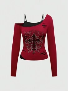 ROMWE Grunge Punk Punk Contrast Color Cross Print Rhinestone 2 In 1 Tight Fit Long Sleeve Women T-Shirt - Burgundy - View 5