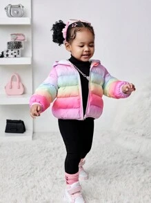 SHEIN Baby Girl Colorful Ombre Hooded Thick Fleece Jacket, Warm And Versatile For Autumn/Winter