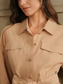 Anewsta Đầm ngắn tay bó eo kim loại thanh lịch cho nữ, trang phục đi làm - Màu Khaki - Xem 4