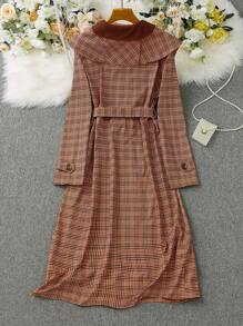 SHEIN LUNE Women's Retro Vintage Coin Printed Color Block Design Long Trench Coat - Coffee Brown - View 2