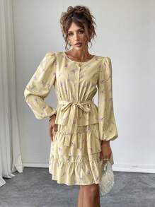 Chiquease Vestido elegante de mujer con cuello redondo, mangas farol, volantes en el bajo y estampado floral - Amarillo - Ver 5