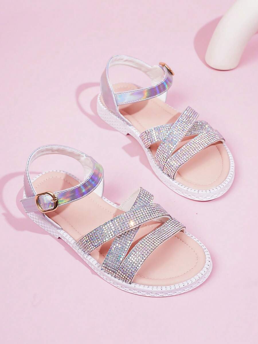 Lovely Rhinestone Pearl Glitter Bow Silver Casual Flat Sandals For Children Girls - Silver - View 1