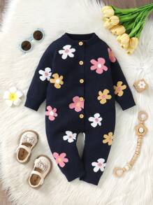 SHEIN Baby Girl Cute Navy Blue Floral Autumn Matching Family Romper,Floral Jacquard Round Neck Long Sleeve Knit Jumpsuit,Minimalist Casual Comfortable Warm - Black - View 3
