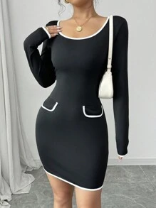 Elenzga Robe moulante à manches longues mini au contraste noir et blanc, coupe slim, pour le printemps et l'automne, idéale pour la Saint-Valentin