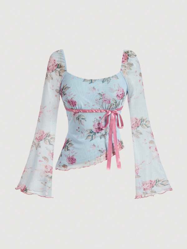 SHEIN MOD Camiseta de manga de campana con cuello cuadrado, lazo, estampado floral y bajo asimétrico