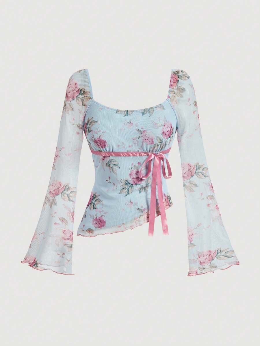 SHEIN MOD 方领蝴蝶结系带花卉印花不对称下摆喇叭袖 T 恤