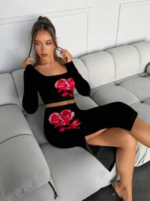 SHEIN SXY 2pcs/Set Women Elegant Casual Minimalist Black Background Red Flower Print Crew Neck Slim Fit Long Sleeve Top, Suitable For Spring And Autumn