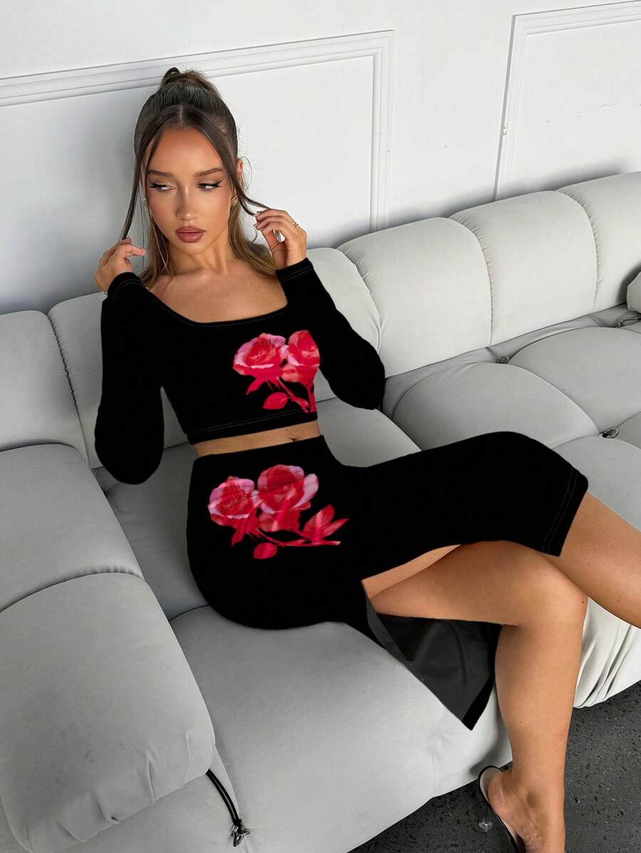 SHEIN SXY 2pcs/Set Women Elegant Casual Minimalist Black Background Red Flower Print Crew Neck Slim Fit Long Sleeve Top, Suitable For Spring And Autumn