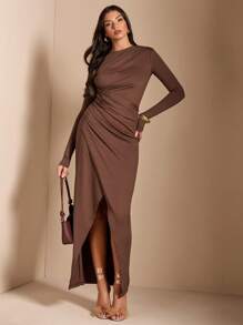 SHEIN BAE Vestido Longo de Malha Grossa com Manga Longa, Fenda Alta e Franzido Assimétrico na Cor Sólida Marrom/Café, Adequado para Festa de Coquetel, Encontro Romântico, Camada Base de Outono/Inverno, Festa, Madrinha de Casamento, Noite, Halloween, Natal - Castanho - Visão 6