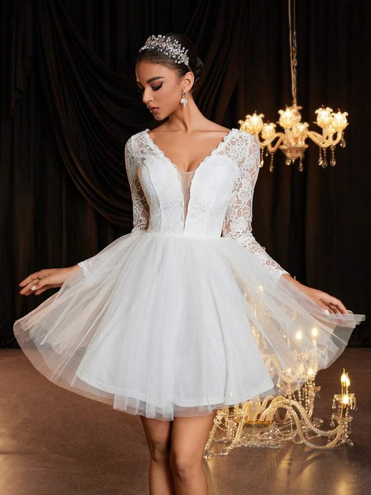 SHEIN Belle V-Neck Sheer Floral Lace Long Sleeve Elastic Backless Tie-Up  Dress, Elegant Luxury Suitable For Wedding, Bachelorette Party, Honeymoon,  Gift For Bride, White Bridal Dress, Bridal Shower Dress, Little White Dress,