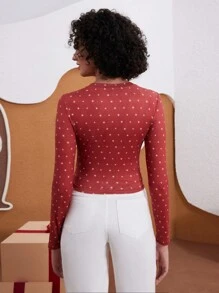 We Bare Bears X SHEIN 女士休闲卡通熊、字母和雪花印花长袖修身 T 恤，圣诞节 - 紅色 - 查看 2