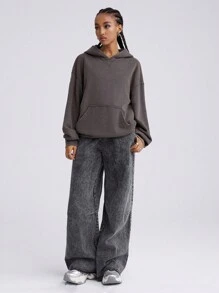 Muchica Damen Sweatshirt mit Kapuze, Kordel und Tasche, einfarbig, Lange Ärmel, Lässig, Verwaschen, Sportlich - Grau - Übersicht 4