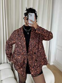 Calvaya Plus Size New Retro Oversized Chic Leopard Print Blazer For Women, Spring Autumn