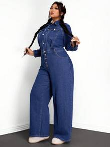 SHEIN EZwear Plus Size Plain Front Button Pocket Casual Long Sleeve Denim Jumpsuit - Blue - View 4