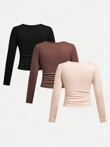 SHEIN 3pcs Tween Girls Fall/Winter Casual Solid Color V-Neck Long Sleeve Knitted Base Layer Tops - Brown - View 2